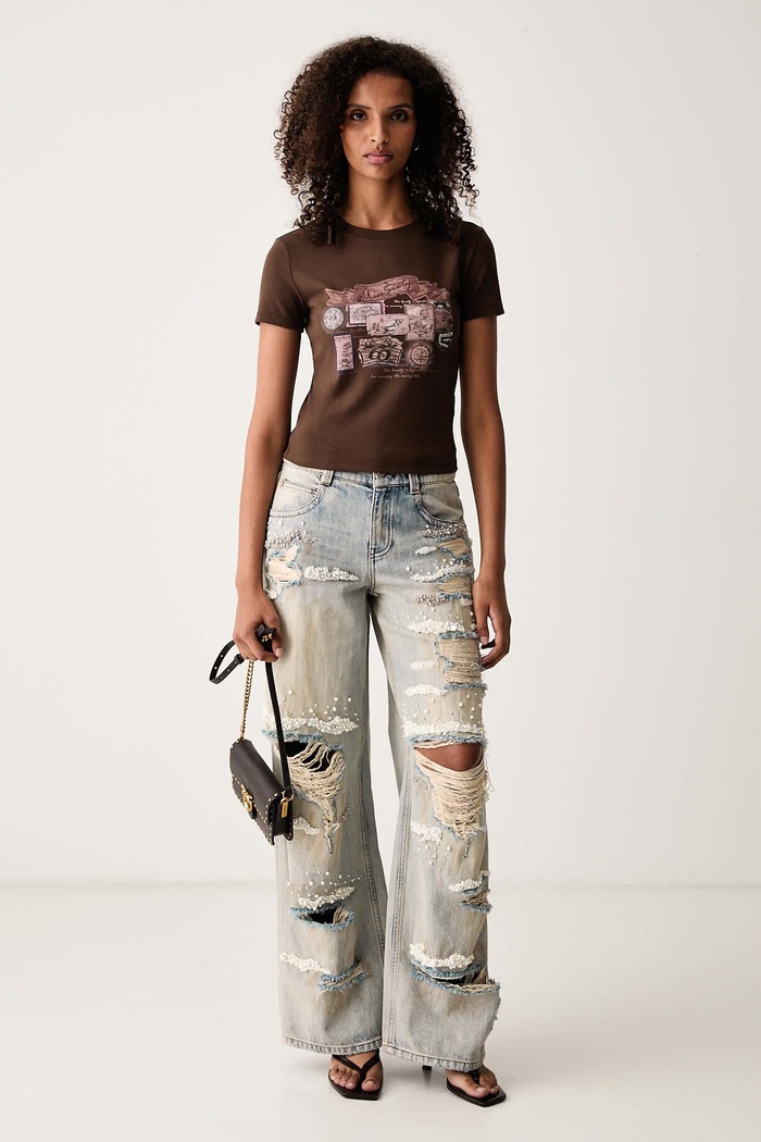 Miss Sixty T-shirt damski bawełniany z elastanem 6M3SJ15900 brązowy AW26