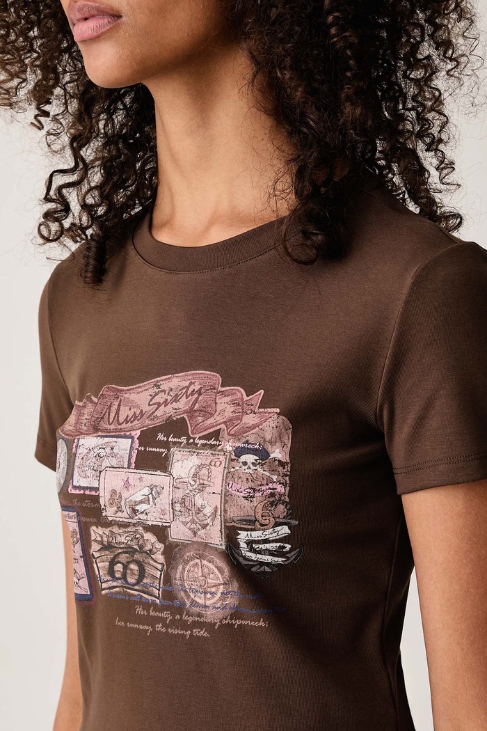 T-shirt damski bawełniany z elastanem Miss Sixty 6M3SJ15900 brązowy