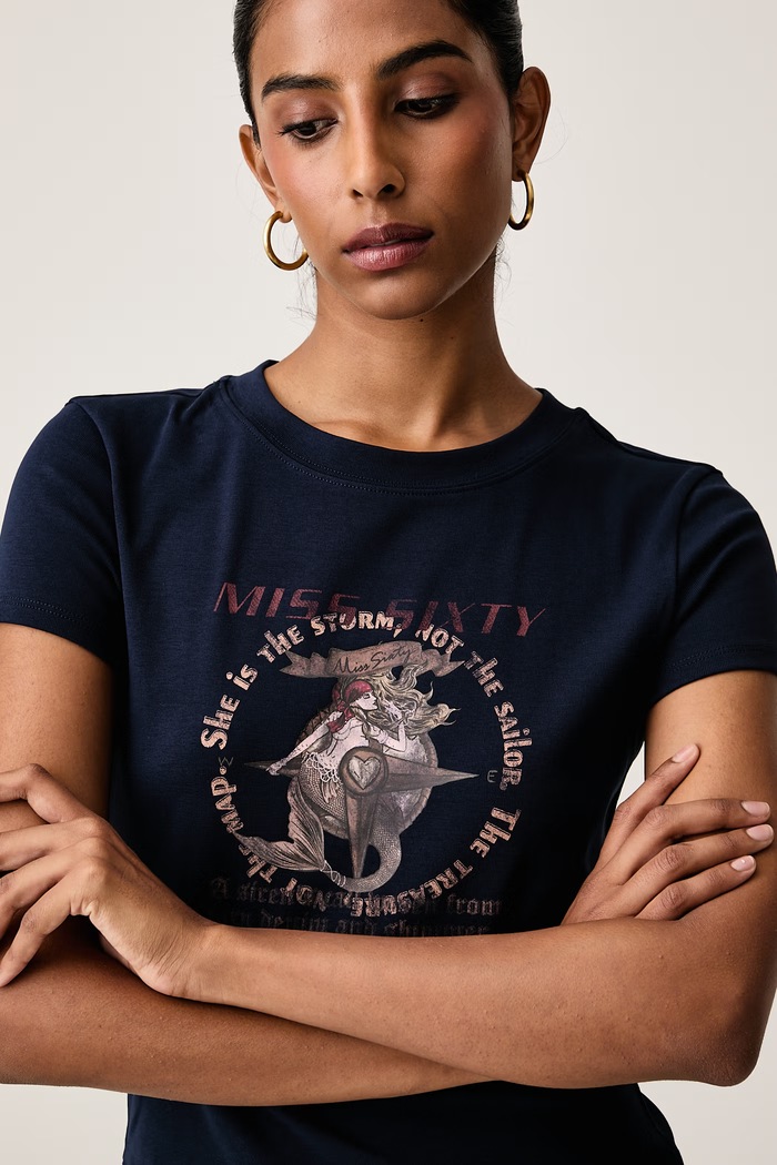T-shirt damski z bawełną Miss Sixty 6M3SJ17200 granatowy