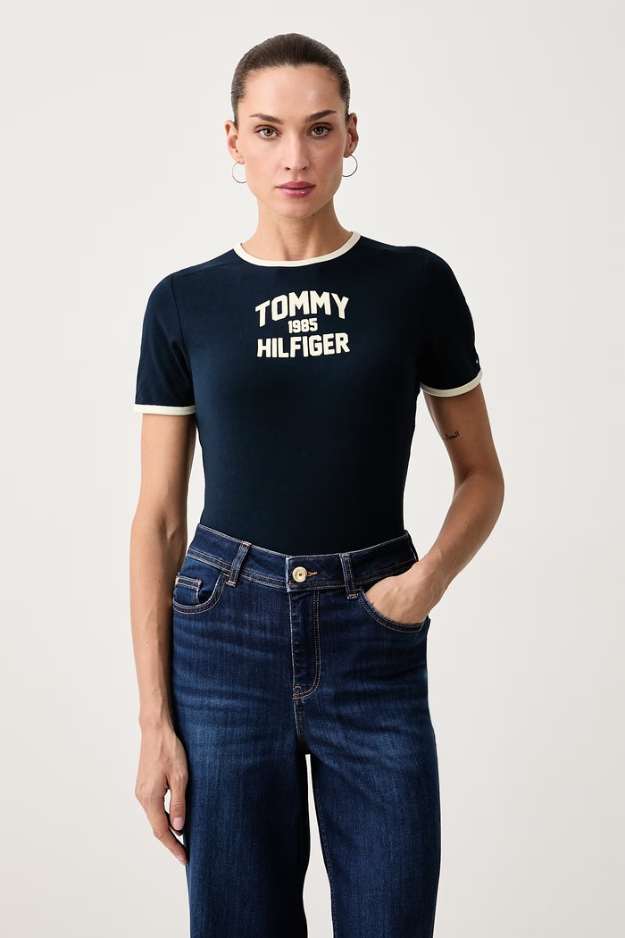 Tommy Hilfiger T-shirt damski bawełniany z elastanem granatowy WW0WW52363