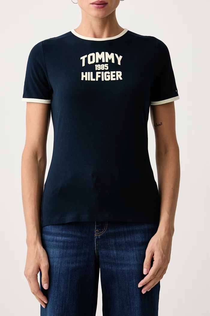 T-shirt damski bawełniany z elastanem Tommy Hilfiger WW0WW52363 granatowy