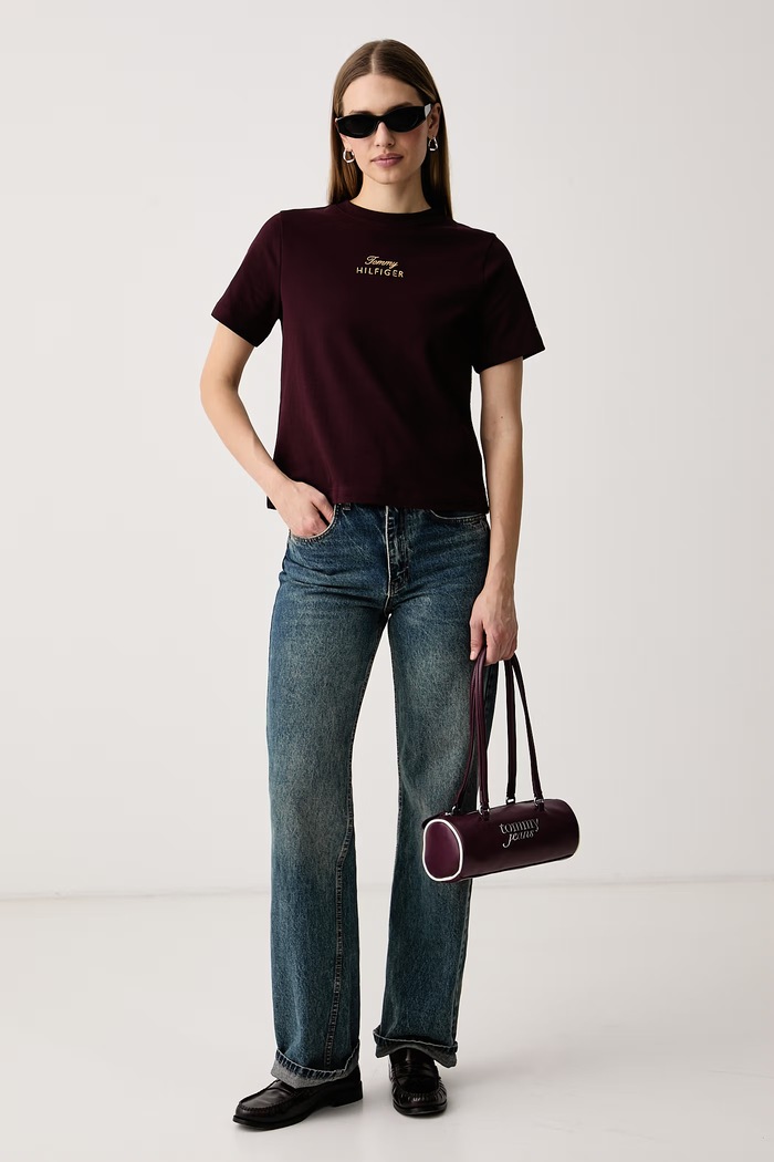 Tommy Hilfiger Osnovna kratka majica ženska bombažna WW0WW51725 bordo AW26