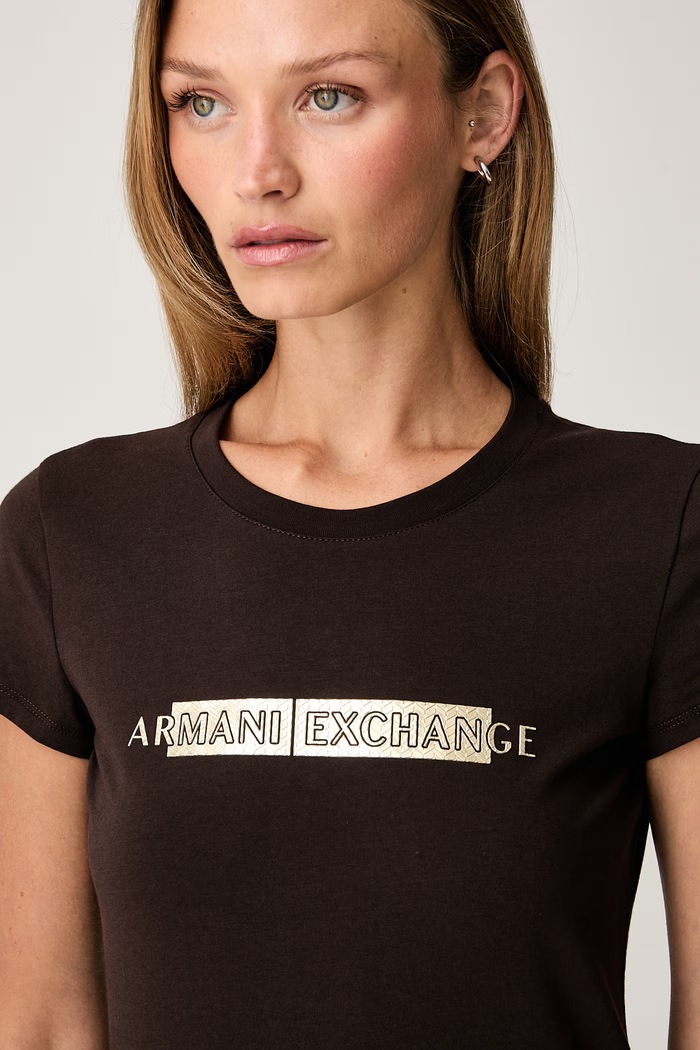 Armani Exchange T-shirt damski bawełniany z elastanem brązowy XW002811.AF16294