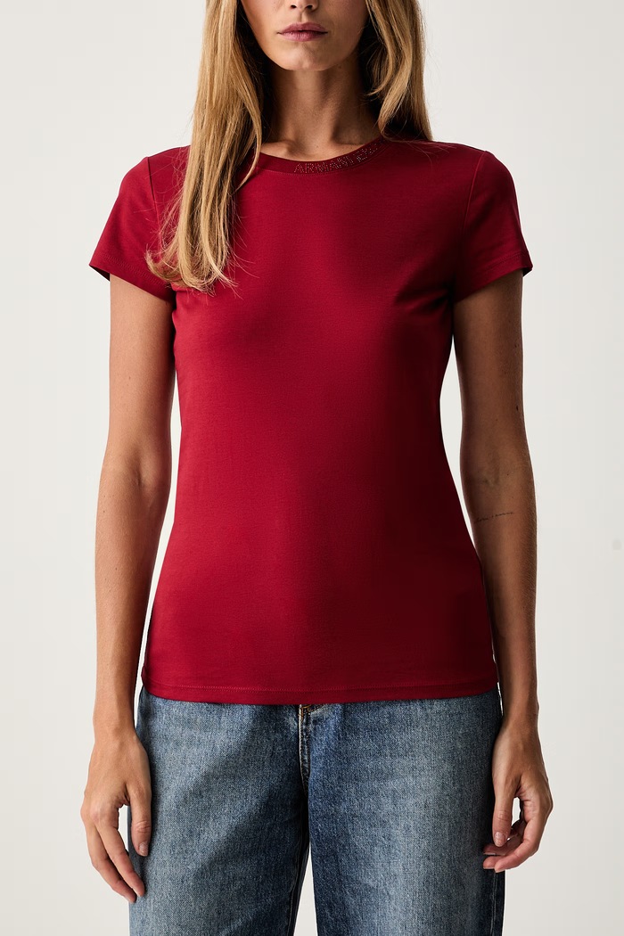 Armani Exchange T-shirt basic damski bawełniany z elastanem czerwony XW002743.AF23955