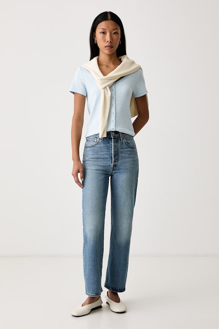 Levi's Тениска дамска с памук AUSTEN BUTTON THROUGH SS 0087U.0006 син AW26