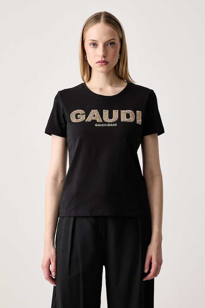 Gaudi T-shirt damski bawełniany z elastanem czarny 621BD64024