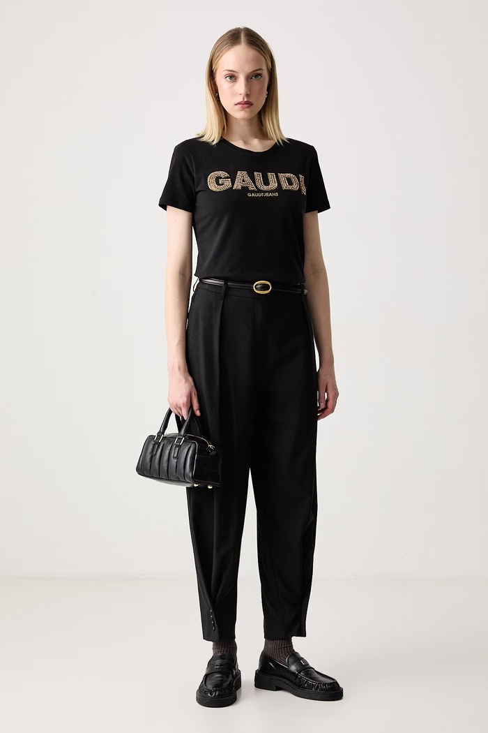Gaudi T-shirt damski bawełniany z elastanem 621BD64024 czarny AW26