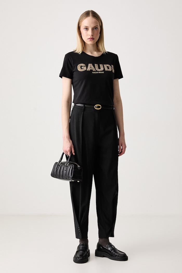 Gaudi T-shirt damski bawełniany z elastanem 621BD64024 czarny AW26