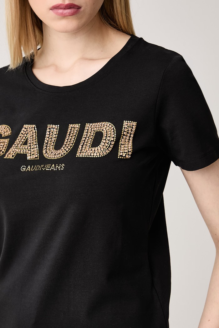T-shirt damski bawełniany z elastanem Gaudi 621BD64024 czarny