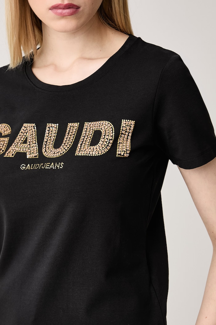 T-shirt damski bawełniany z elastanem Gaudi 621BD64024 czarny