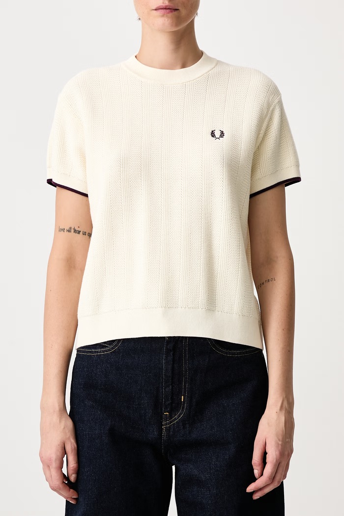 Sweter z krótkim rękawem damski bawełniany Fred Perry beżowy K3127.560