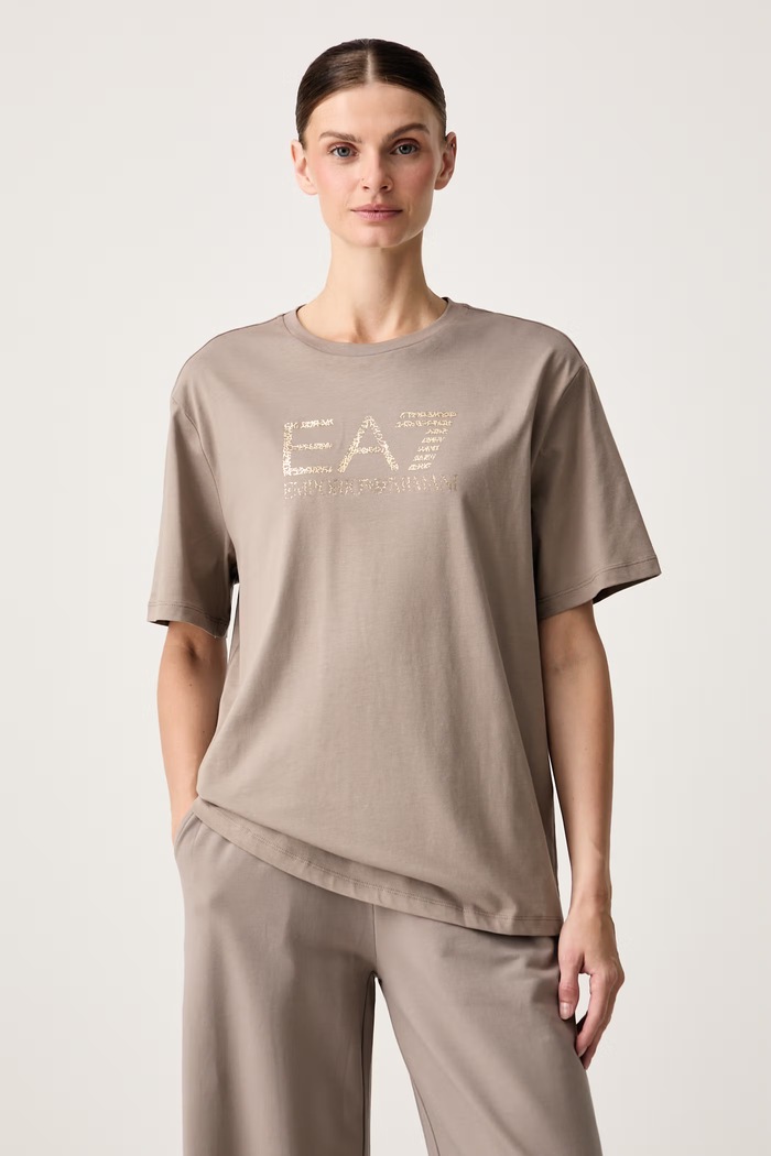EA7 Emporio Armani T-shirt oversize damski bawełniany beżowy AF12503.7W001365