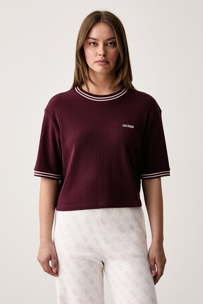 Guess T-shirt damski bawełniany MURIEL bordowy V6BP17.K7351