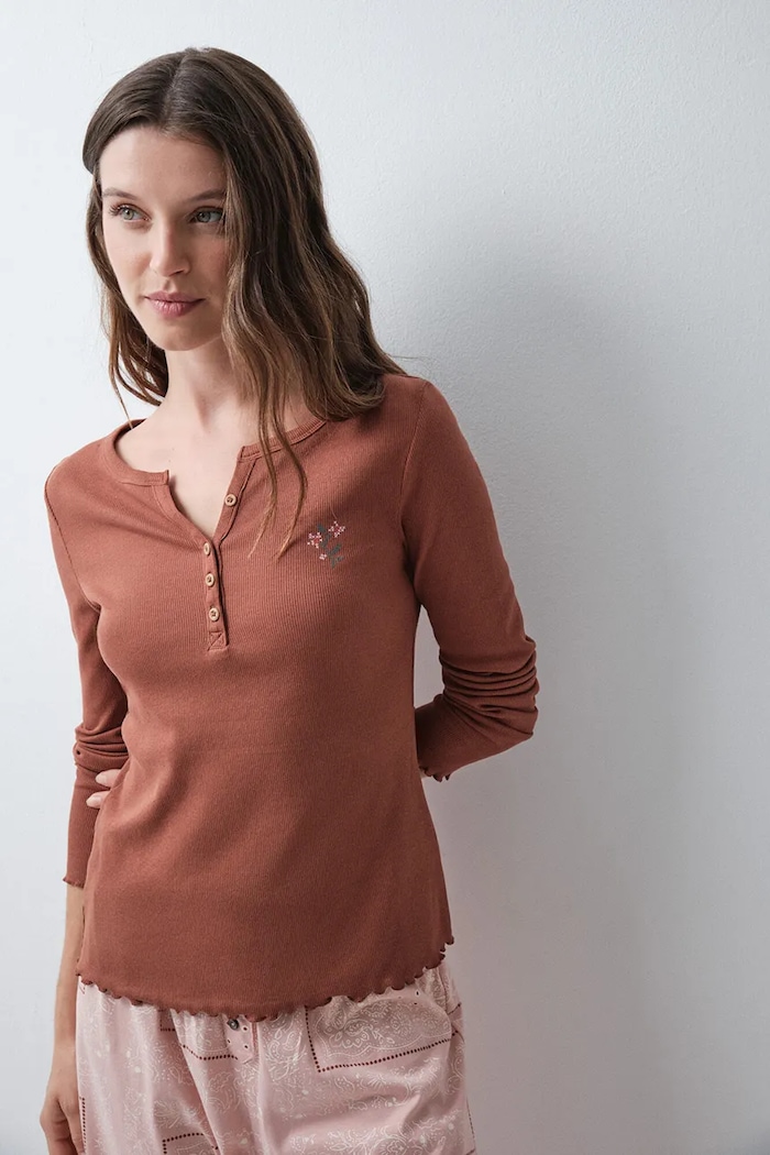 women'secret Longsleeve damski z bawełną brązowy 3274582