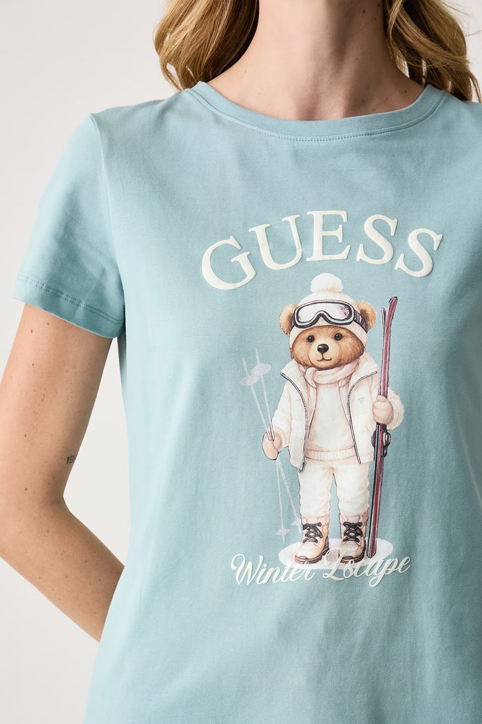 T-shirt damski z bawełną FABRIZIA Guess V6BI19.K6749 niebieski