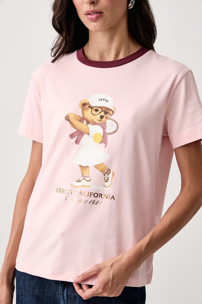 T-shirt damski z bawełną Guess V6BI14.K6742 różowy