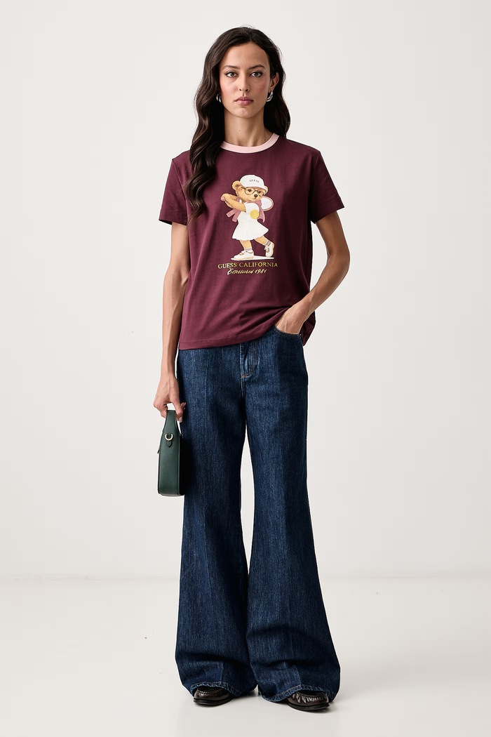 Guess T-shirt damski z bawełną V6BI14.K6742 bordowy AW26