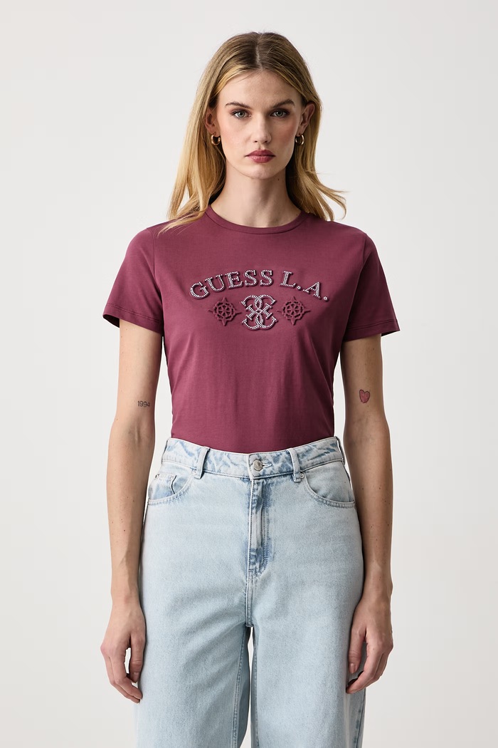 Guess T-shirt damski bawełniany ELSA różowy V6BI12.K6647