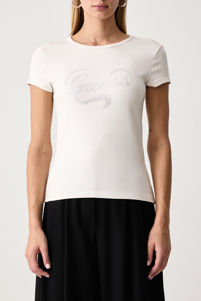 T-shirt damski bawełniany z elastanem AMALIA Guess V6BI09.K6276 beżowy