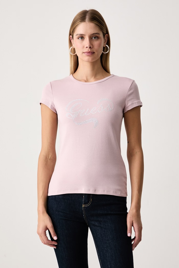 Guess T-shirt damski bawełniany z elastanem AMALIA różowy V6BI09.K6276