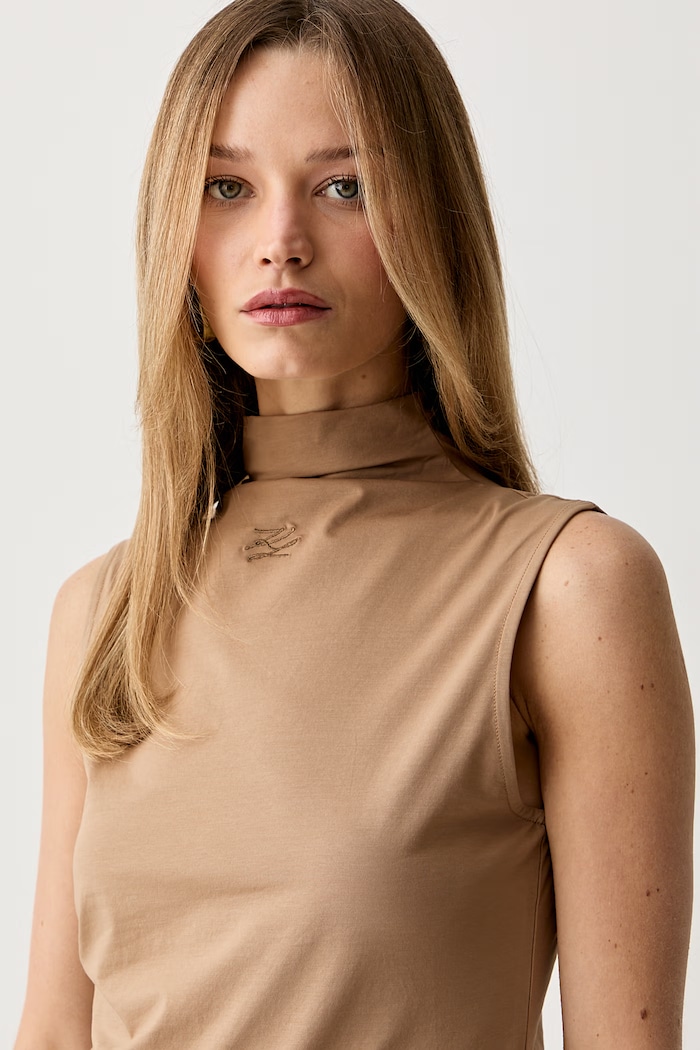 Karl Lagerfeld top damski bawełniany z elastanem beżowy B3W17063