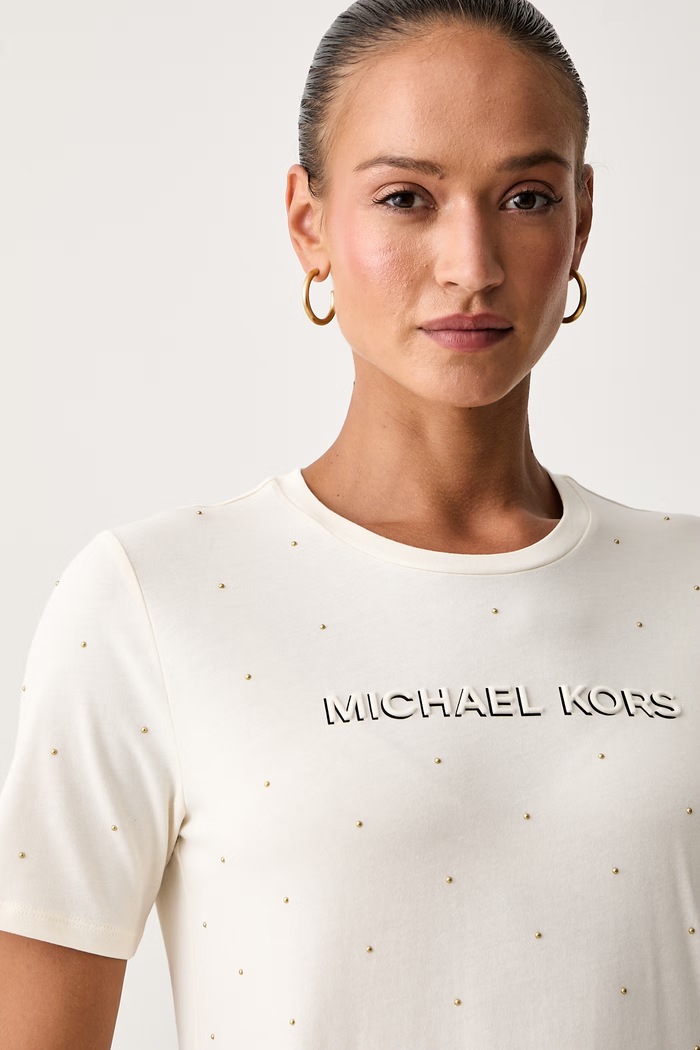MICHAEL Michael Kors T-shirt damski bawełniany beżowy MT6524Y97J
