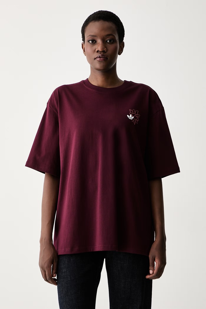 Odzież adidas Originals T-shirt oversize damski bawełniany Floral KX1880 bordowy