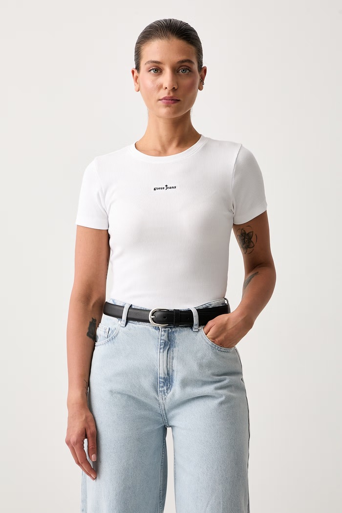Guess Jeans T-shirt damski bawełniany z elastanem biały W6YP13.K3819