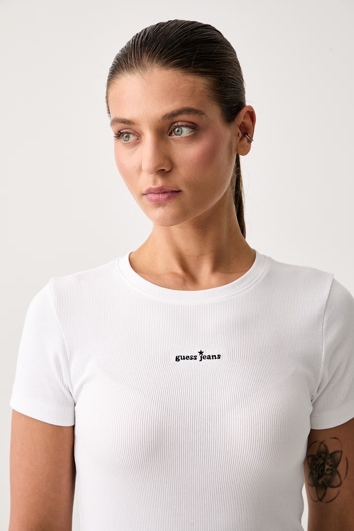 Guess Jeans T-shirt damski bawełniany z elastanem biały W6YP13.K3819