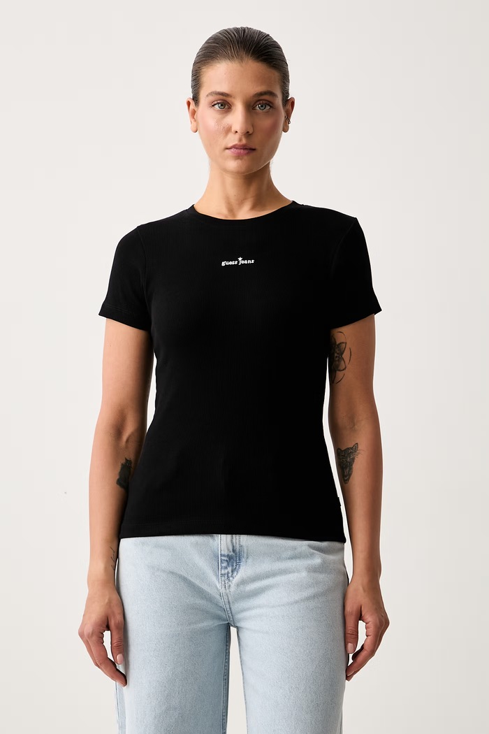 Guess Jeans T-shirt damski bawełniany z elastanem czarny W6YP13.K3819