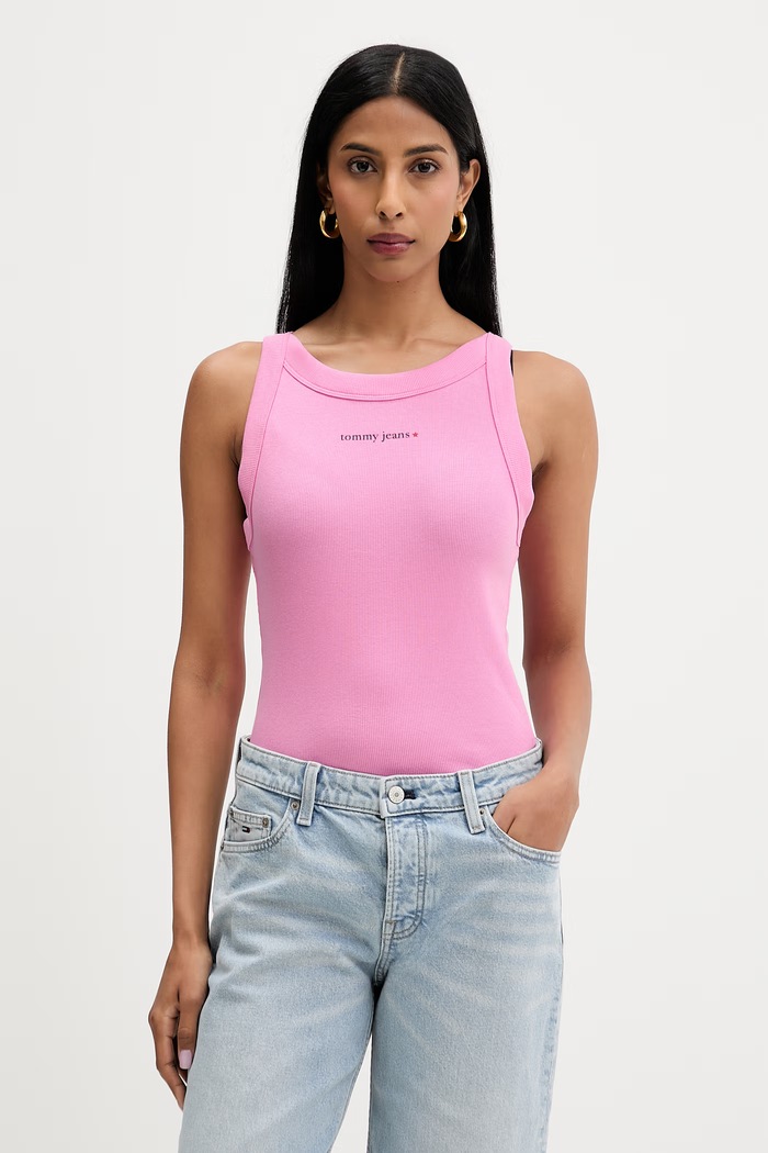 Tommy Jeans crop top pentru femei, din bumbac cu elastan roz DW0DW22806