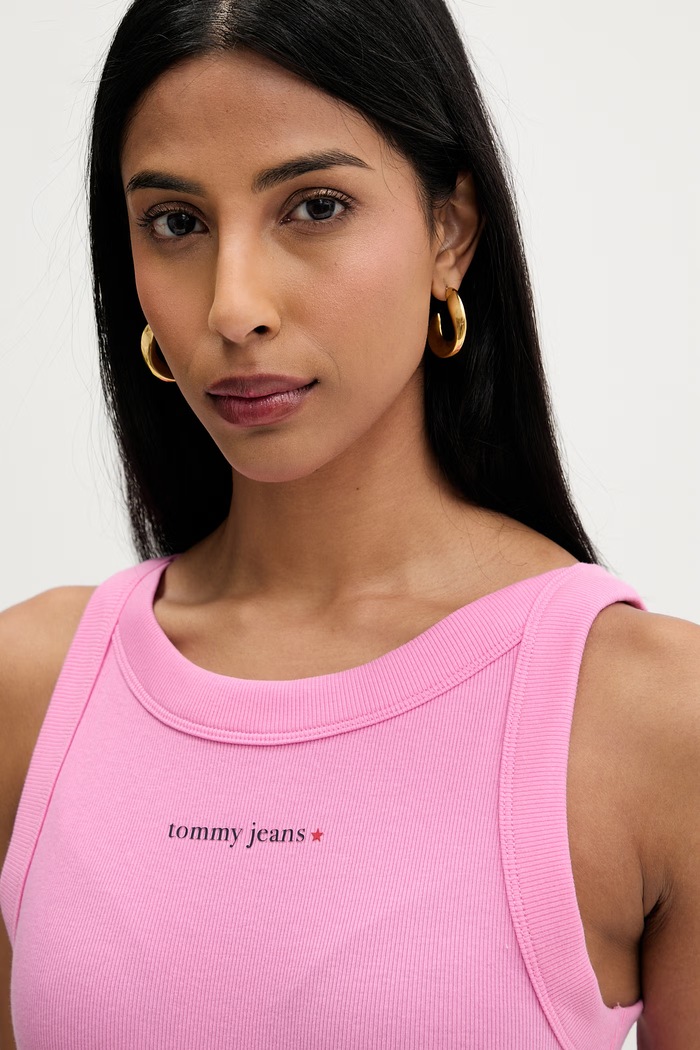 Tommy Jeans crop top pentru femei, din bumbac cu elastan roz DW0DW22806
