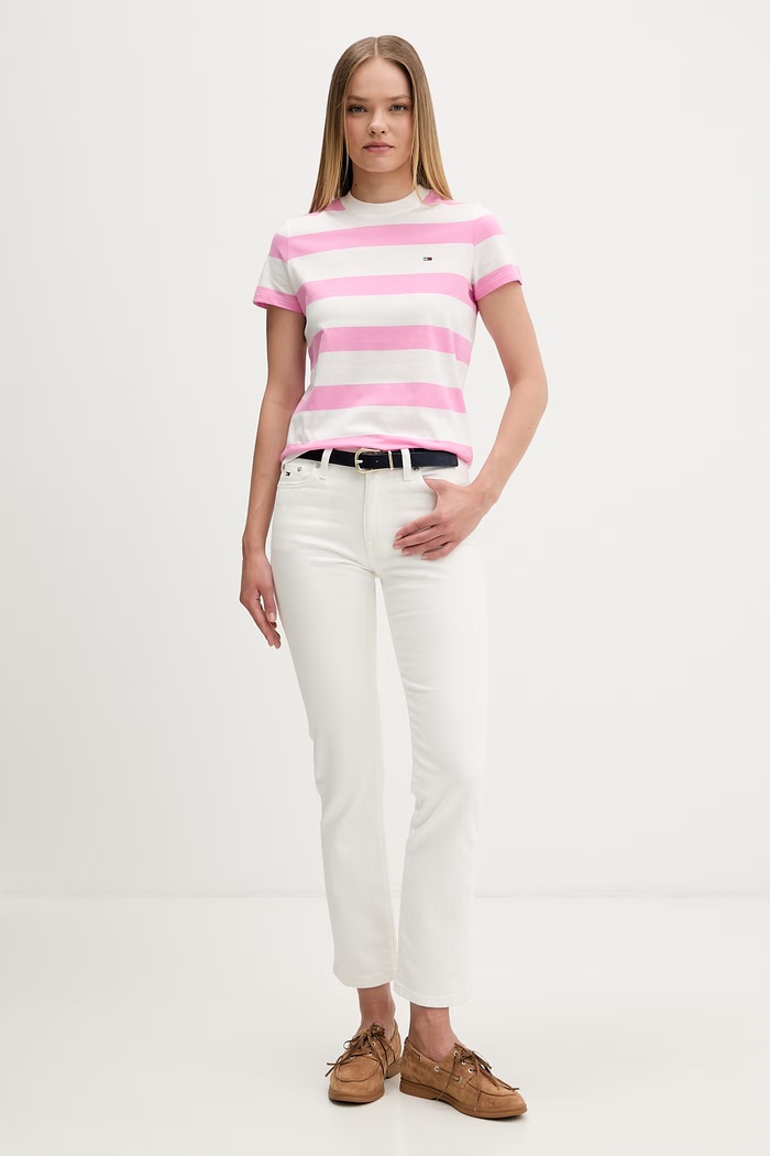 Tommy Jeans T-shirt damski bawełniany DW0DW23801 różowy AW26