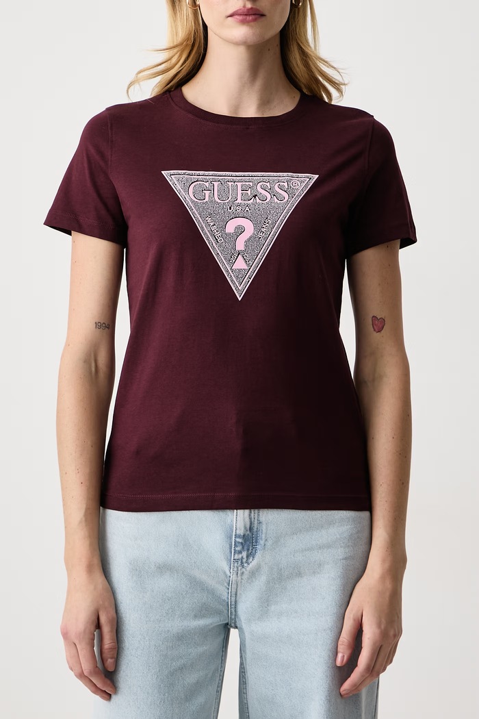 Guess T-shirt damski bawełniany W6BI20.K6039 bordowy AW26