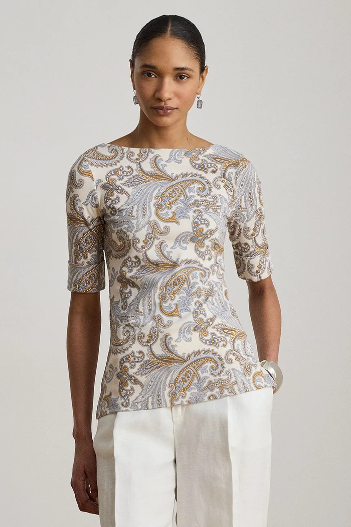 Lauren Ralph Lauren T-shirt damski bawełniany z elastanem beżowy 200B23544