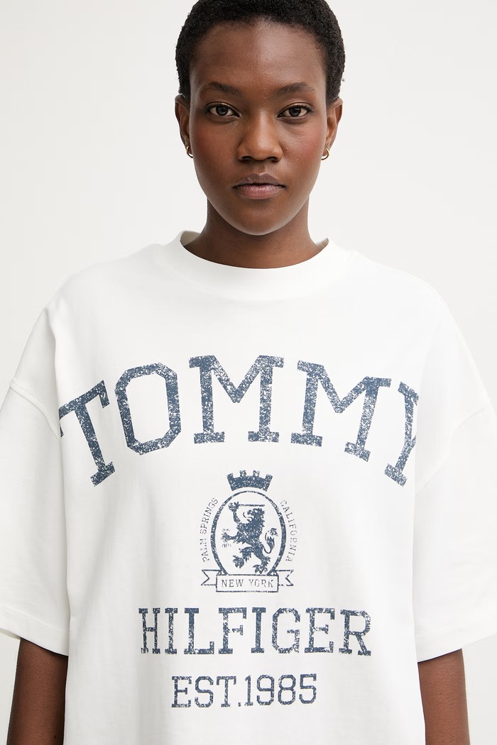 Tommy Hilfiger T-shirt oversize damski bawełniany beżowy WW0WW50940