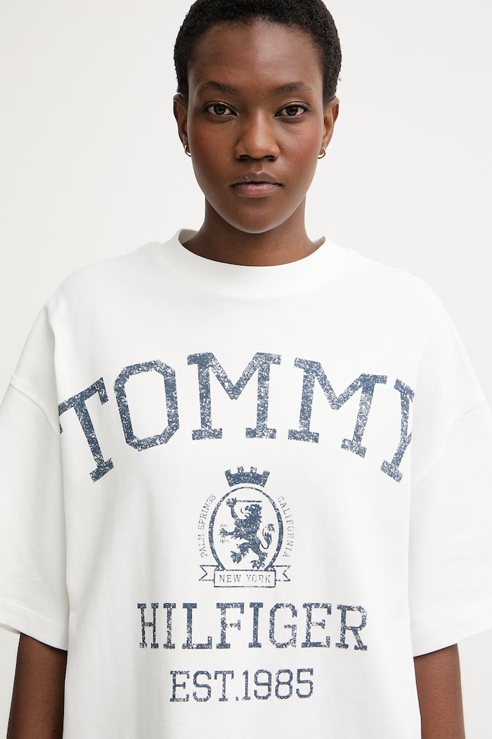 Tommy Hilfiger T-shirt oversize damski bawełniany beżowy WW0WW50940