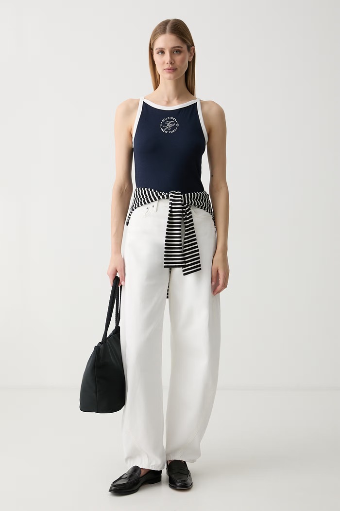 Tommy Hilfiger top ženski z lyocellom WW0WW50033 mornarsko modra AW26