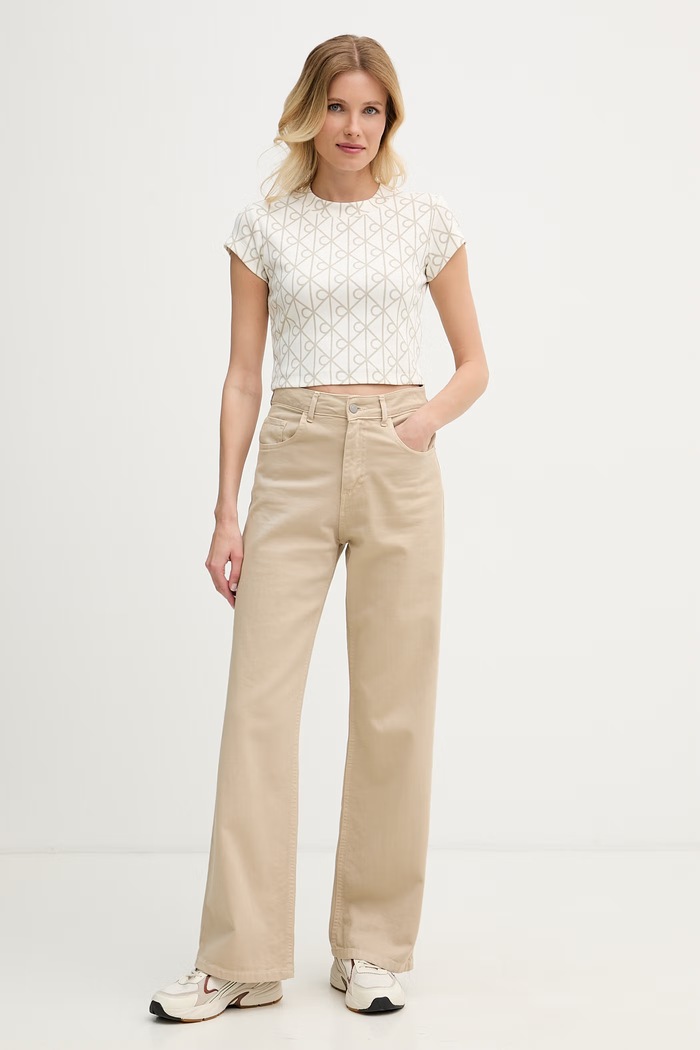 Calvin Klein Jeans Crop top damski bawełniany z elastanem LV047G830G beżowy AW26