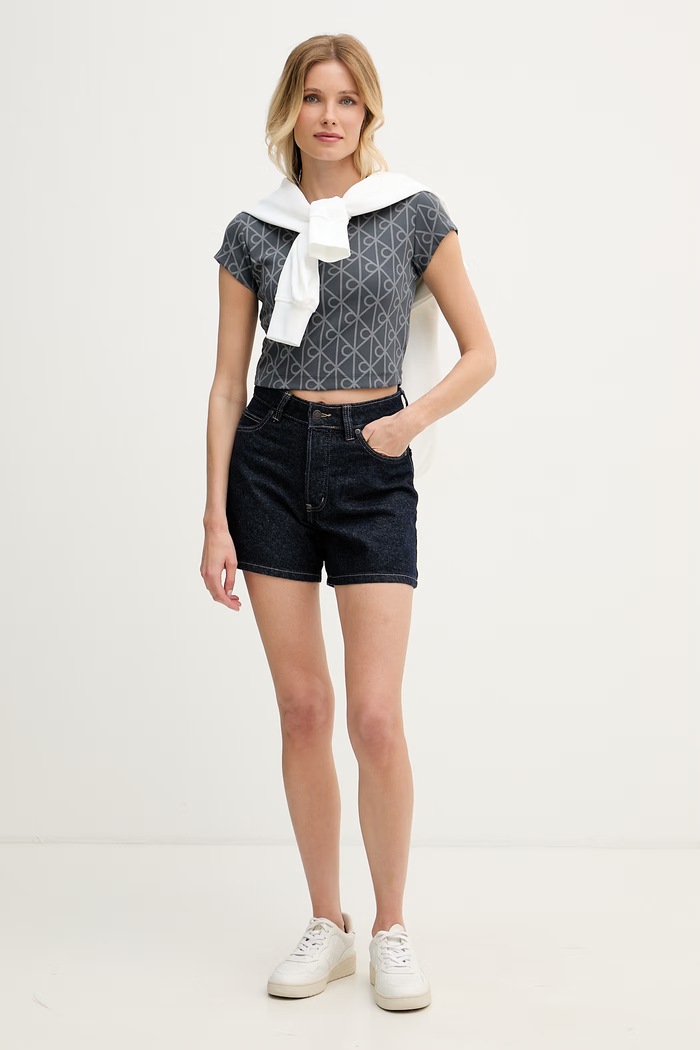 Calvin Klein Jeans crop top damski bawełniany z elastanem LV047G830G szary AW26