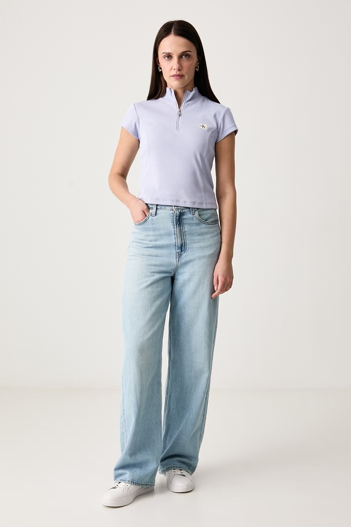 Calvin Klein Jeans Crop top damski bawełniany z elastanem LV047G240G fioletowy AW26