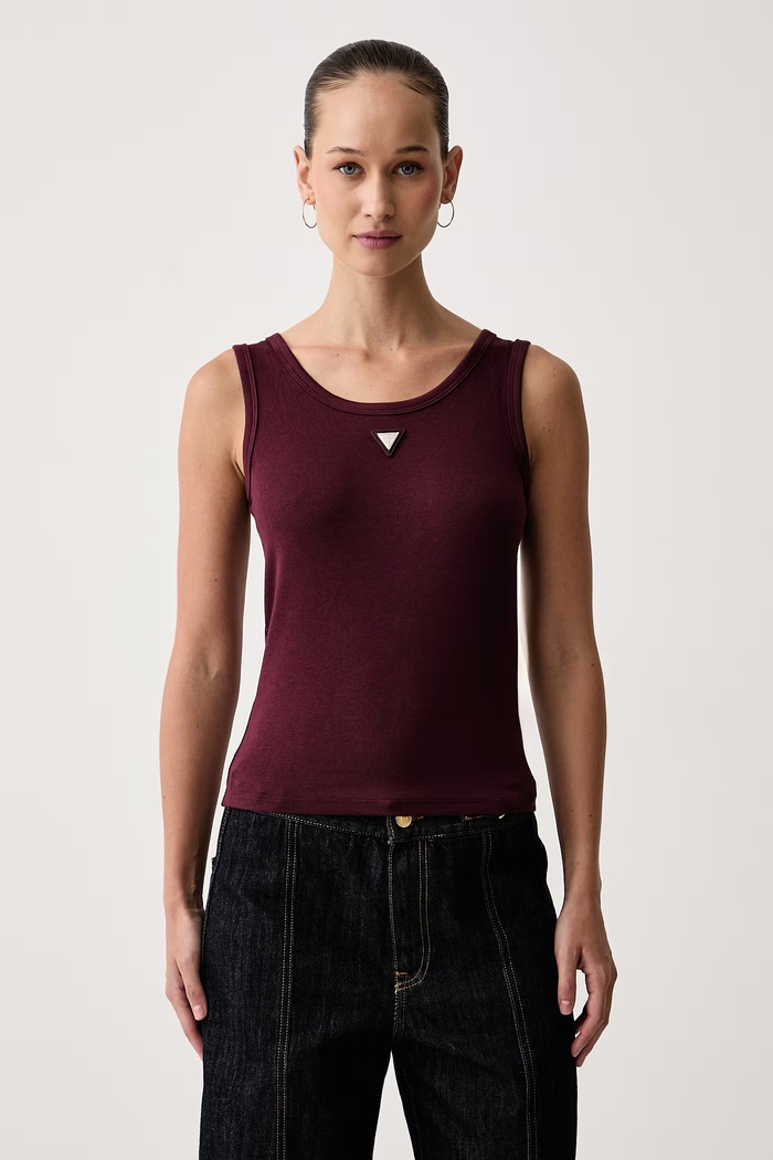 Guess Top damski z bawełną OLYMPE bordowy V6YP09.K4312