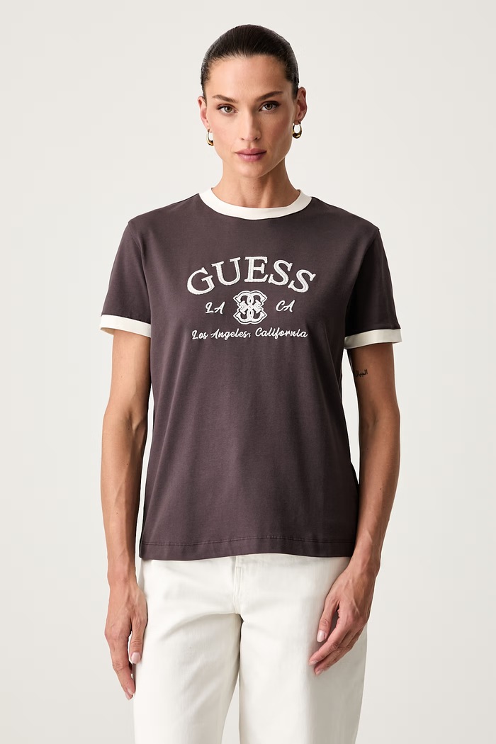 Guess T-shirt damski bawełniany z elastanem HOSHI brązowy V6YI18.K4320