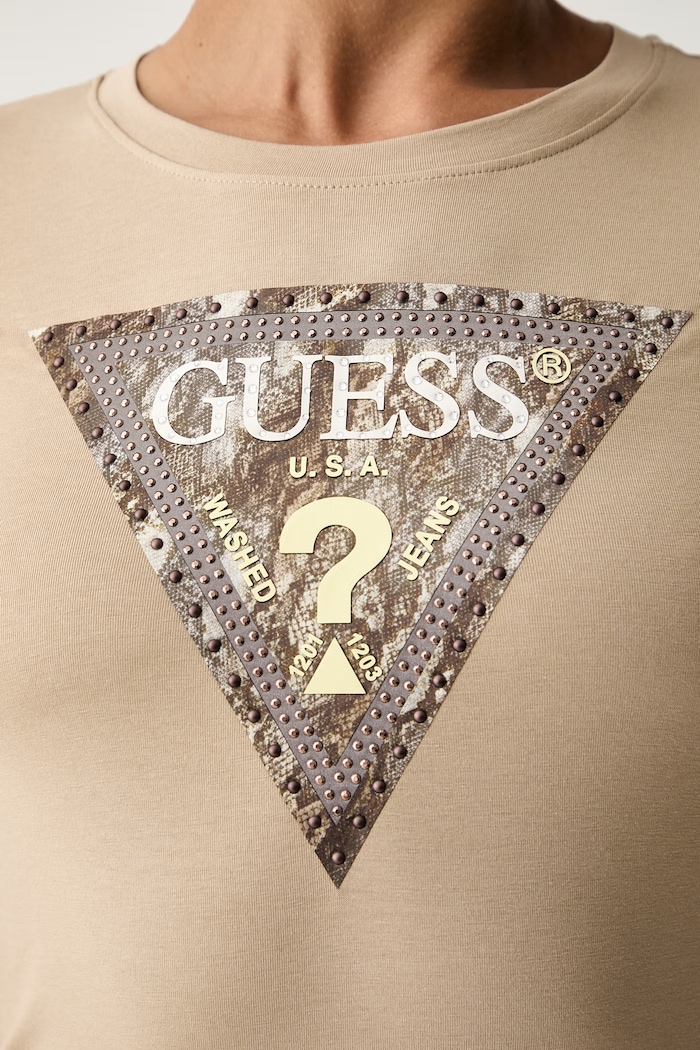 Guess T-shirt damski bawełniany z elastanem W6YI31.K4350 beżowy