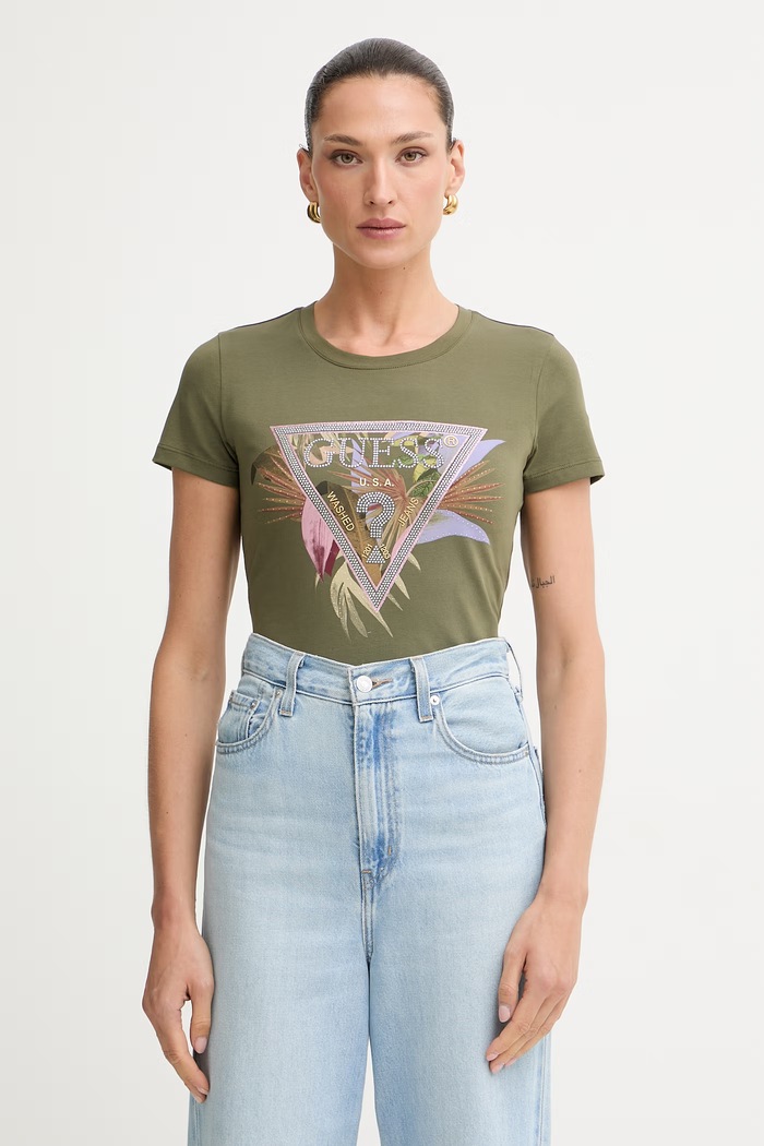 Guess t-shirt női pamut elasztánnal PALM zöld W6YI26.K4345