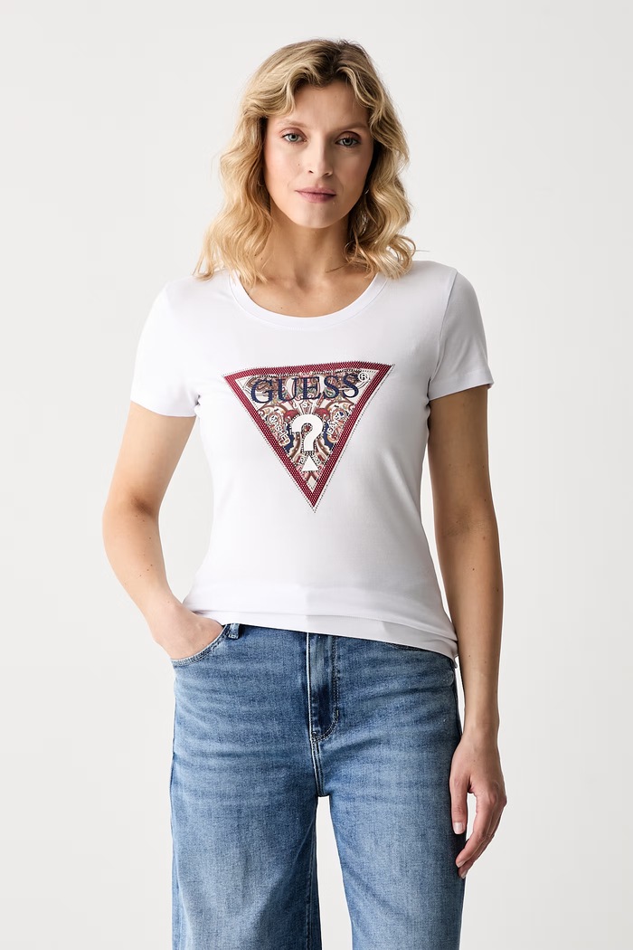 Guess tricou pentru femei, din bumbac cu elastan PAISLEY alb W6YI25.K4344