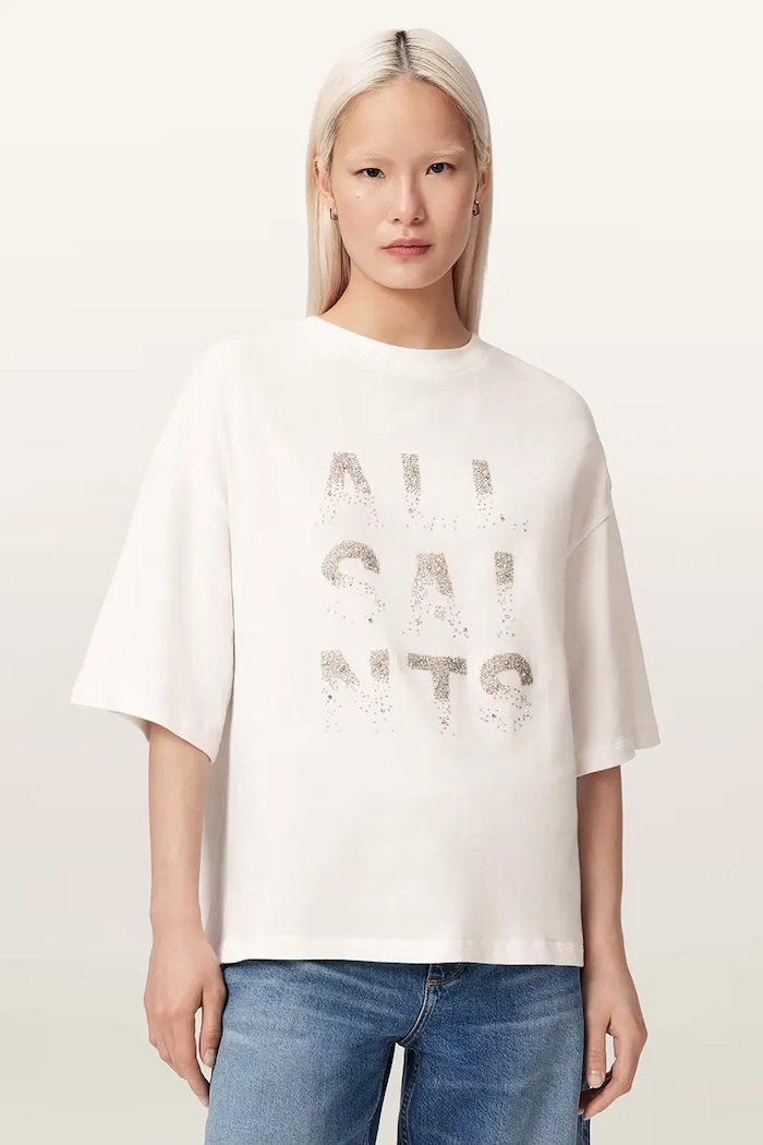 AllSaints T-shirt oversize damski bawełniany STACKS biały W151JE