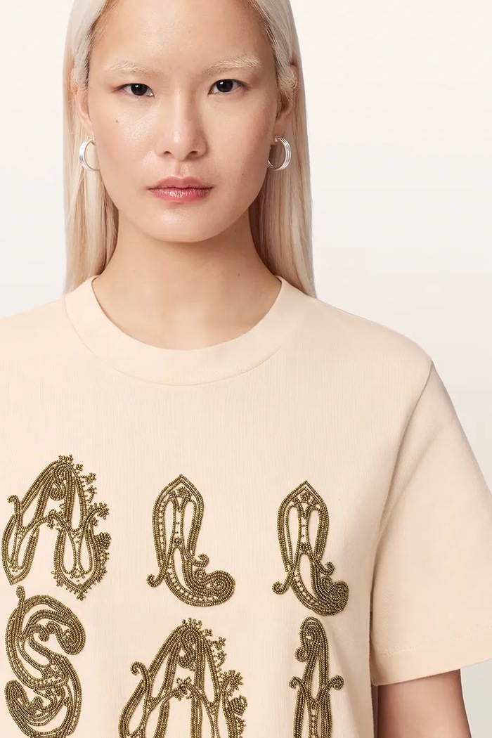 Уголемена тениска дамска от памук ELLA AllSaints W136JE бежов