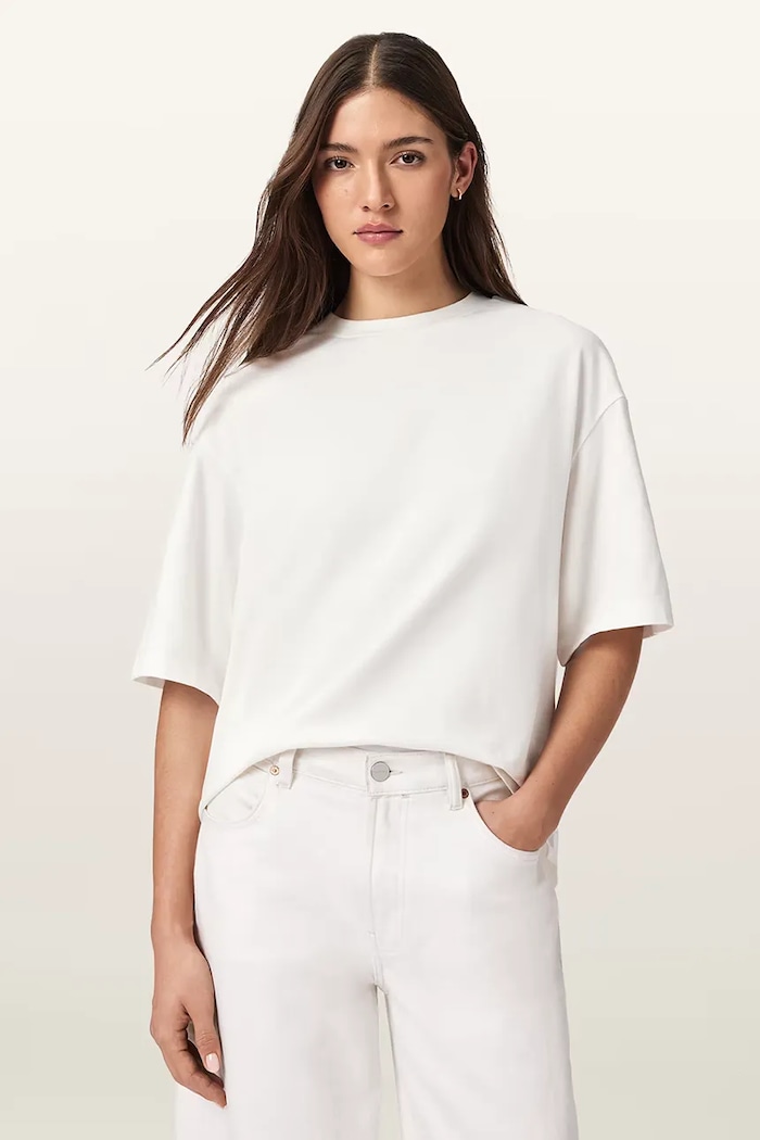 AllSaints oversize kratka majica ženska bombažna ESME W131JE bela AW26