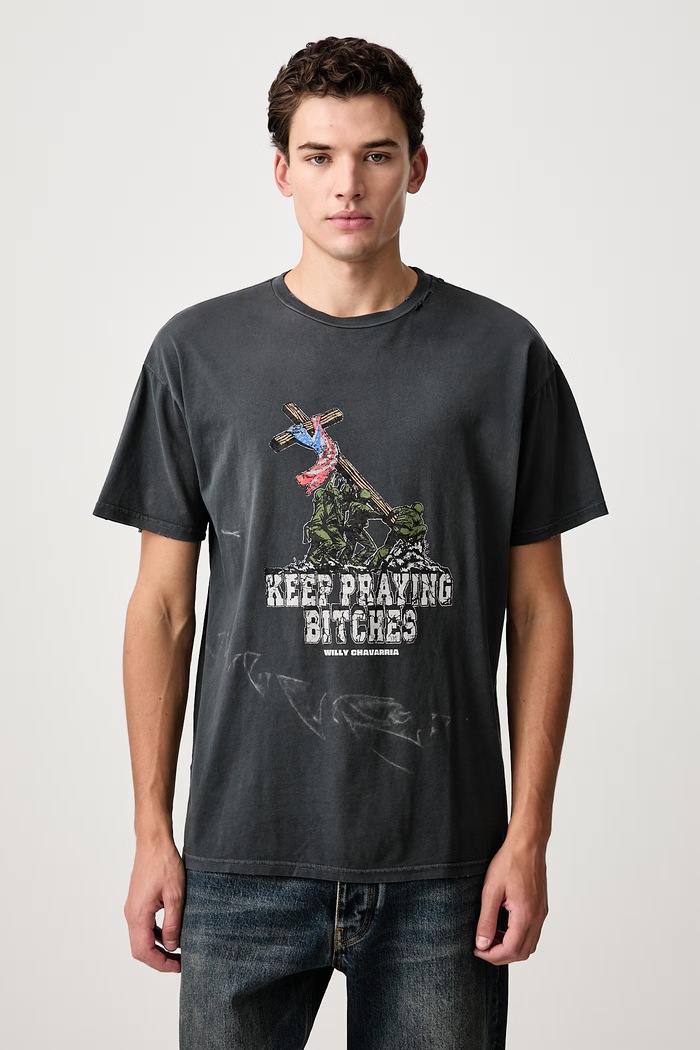 Willy Chavarria KEEP PRAYING BITCHES EASY tricou oversized din bumbac pentru bărbați negru MUJTE018.062N